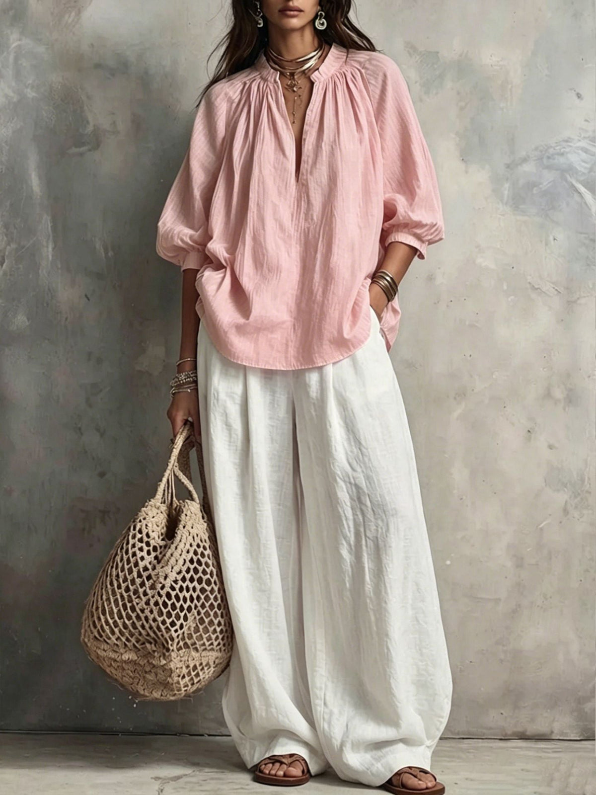 Sara Conjunto Vintage de Top de Manga Abullonada de Color Liso y Pantalón Ancho