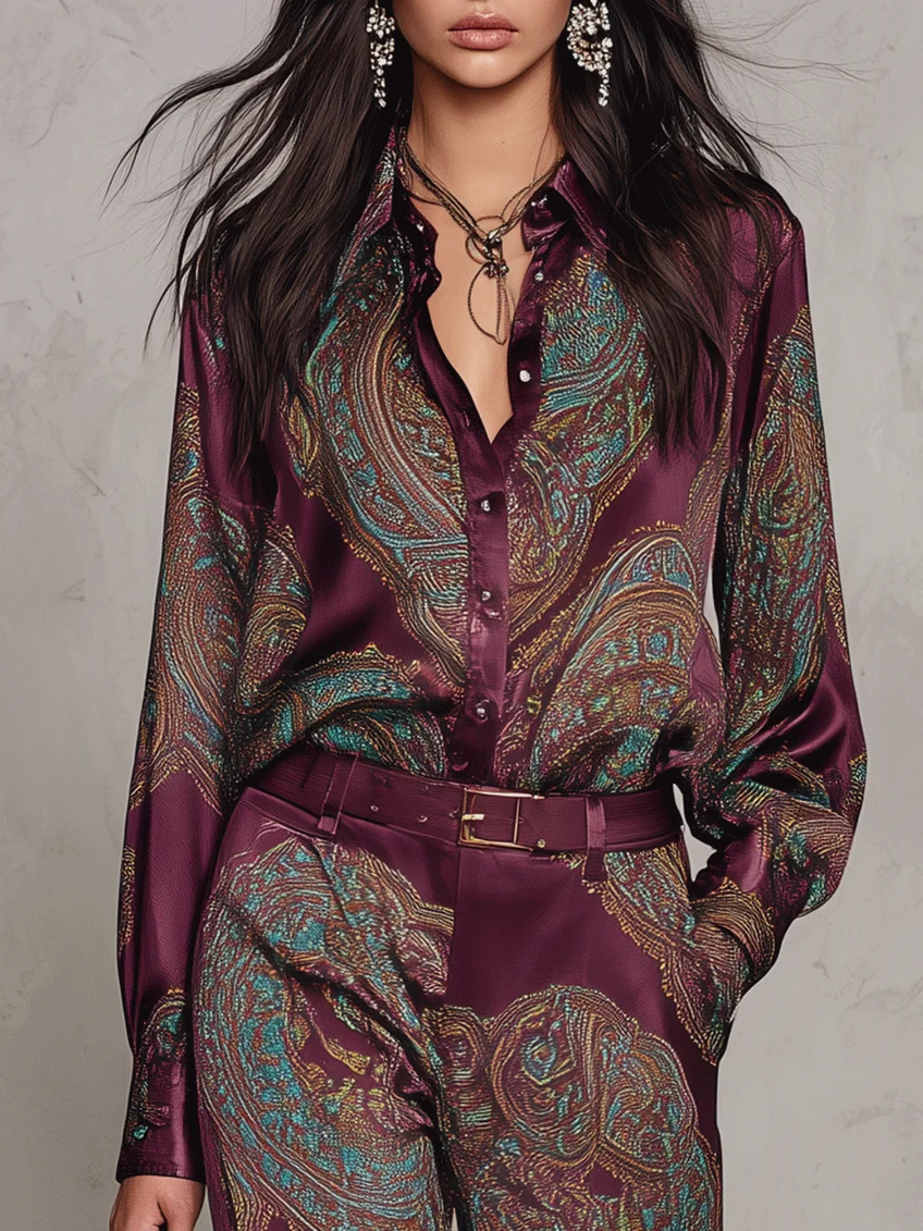Lourdes Conjunto Burdeos-Morado de Camisa de Manga Larga con Estampado Cachemira Satinado y Pantalones Anchos (con cinturón)