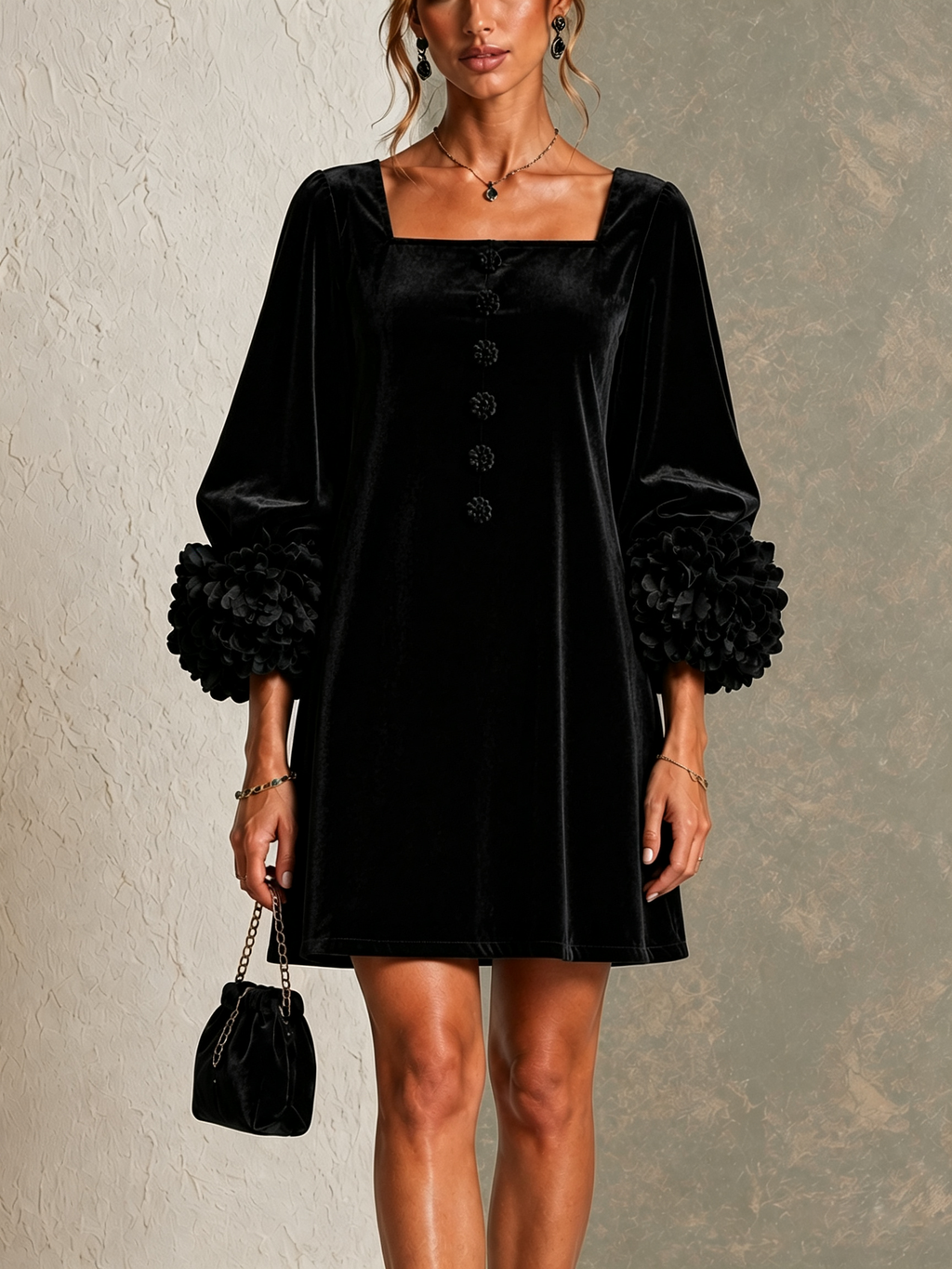Carolina Vestido Corto de Terciopelo Negro con Botones Delanteros y Puños Florales Llamativos