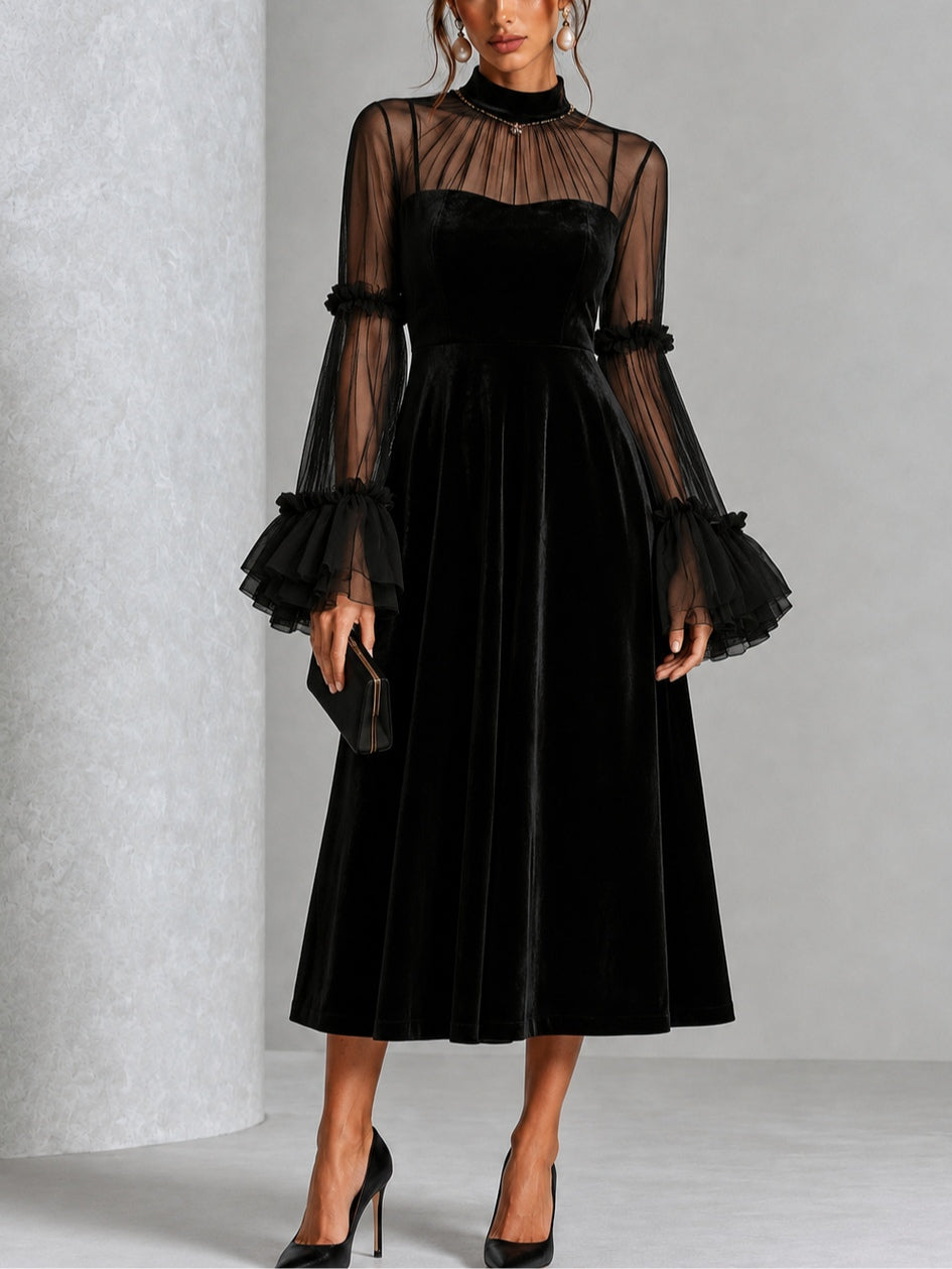 Lorena Vestido Midi Plisado de Terciopelo Negro y Malla Transparente Combinados