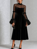 Lorena Vestido Midi Plisado de Terciopelo Negro y Malla Transparente Combinados