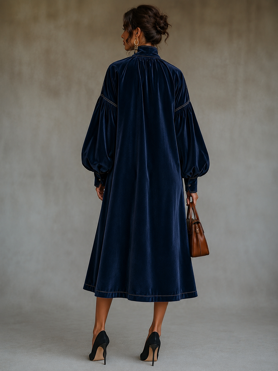 Beatriz Vestido Midi de Terciopelo Azul Marino con Lazo y Mangas Farol