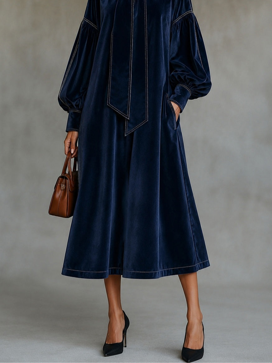 Beatriz Vestido Midi de Terciopelo Azul Marino con Lazo y Mangas Farol