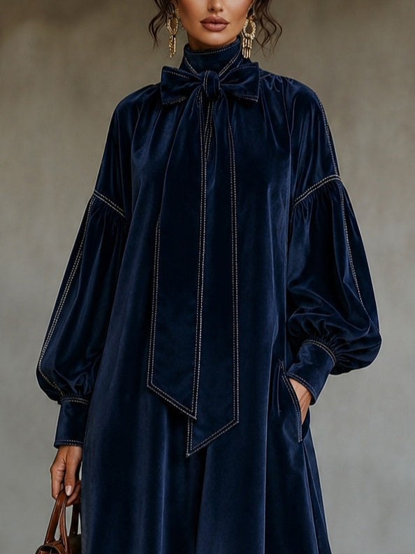 Beatriz Vestido Midi de Terciopelo Azul Marino con Lazo y Mangas Farol