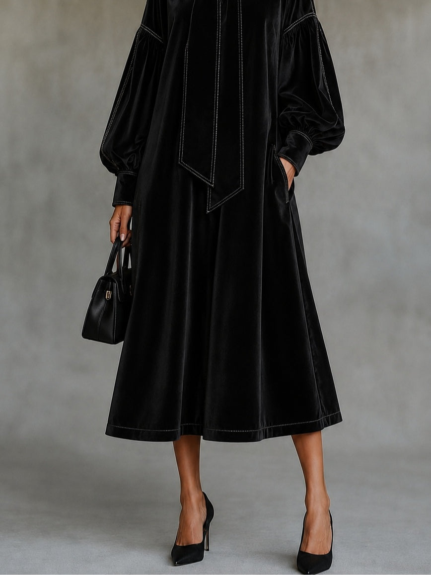 Diana Vestido Midi de Terciopelo Negro con Lazo y Mangas Globo