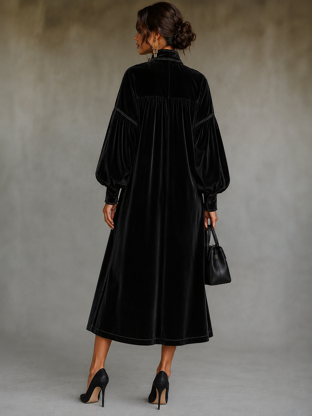 Diana Vestido Midi de Terciopelo Negro con Lazo y Mangas Globo