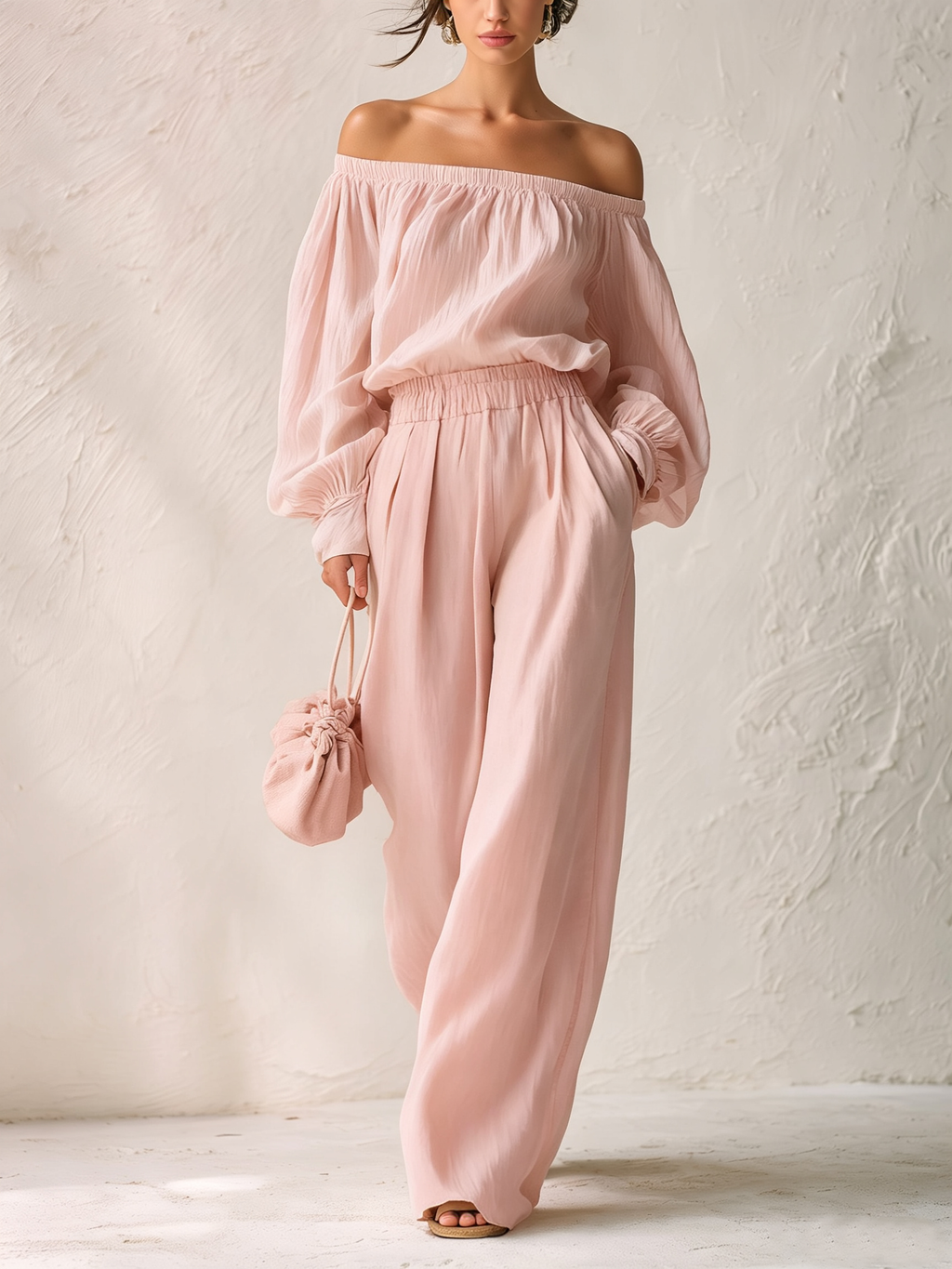 Tamara Conjunto de Top Rosa de Hombros Descubiertos y Mangas Abullonadas con Pantalón de Pierna Ancha de Talle Alto