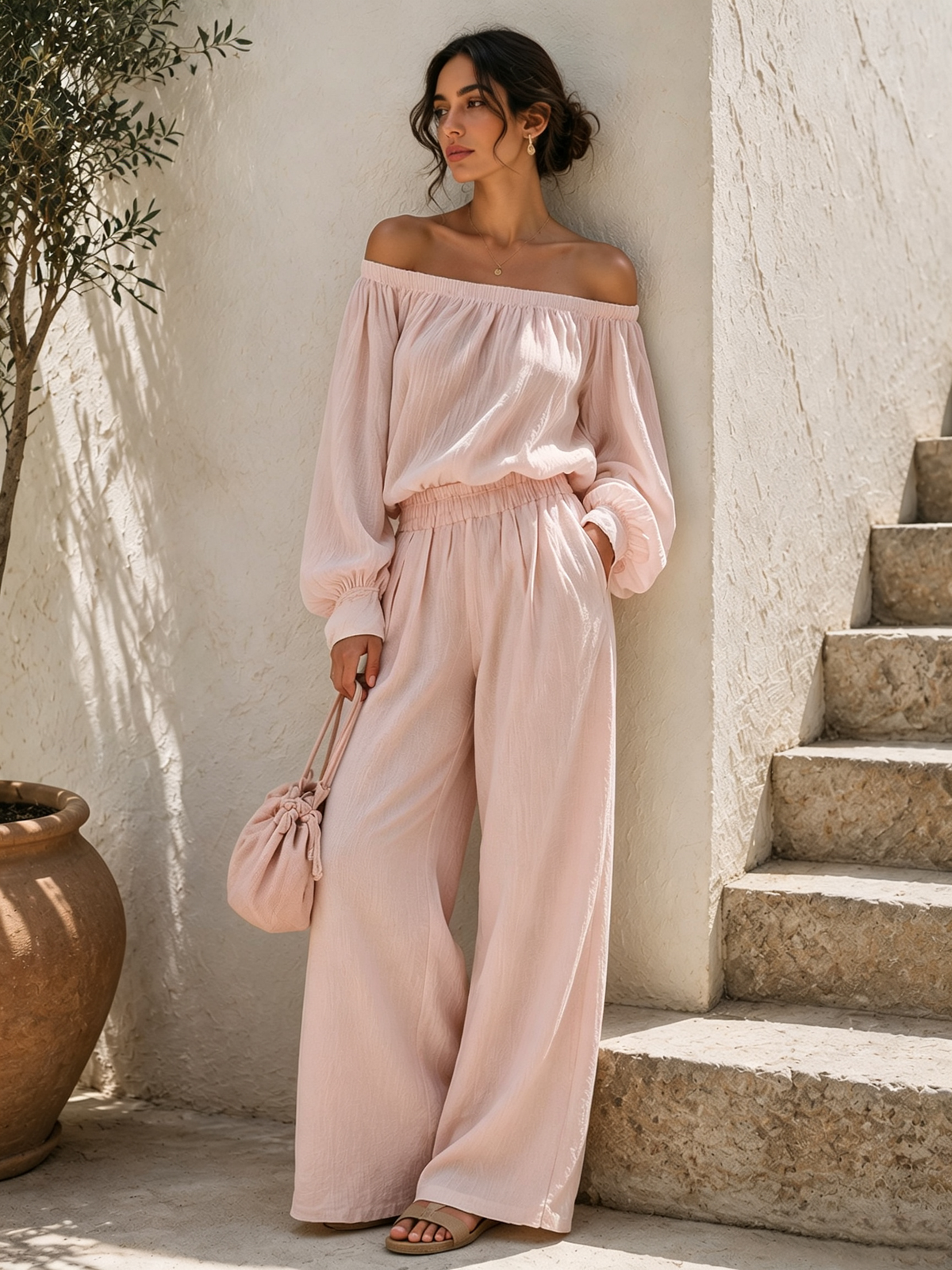 Tamara Conjunto de Top Rosa de Hombros Descubiertos y Mangas Abullonadas con Pantalón de Pierna Ancha de Talle Alto