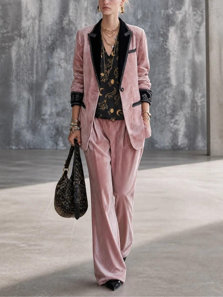 Helena Conjunto Tricapa de Pana Rosa Informal con Pantalón Elegante