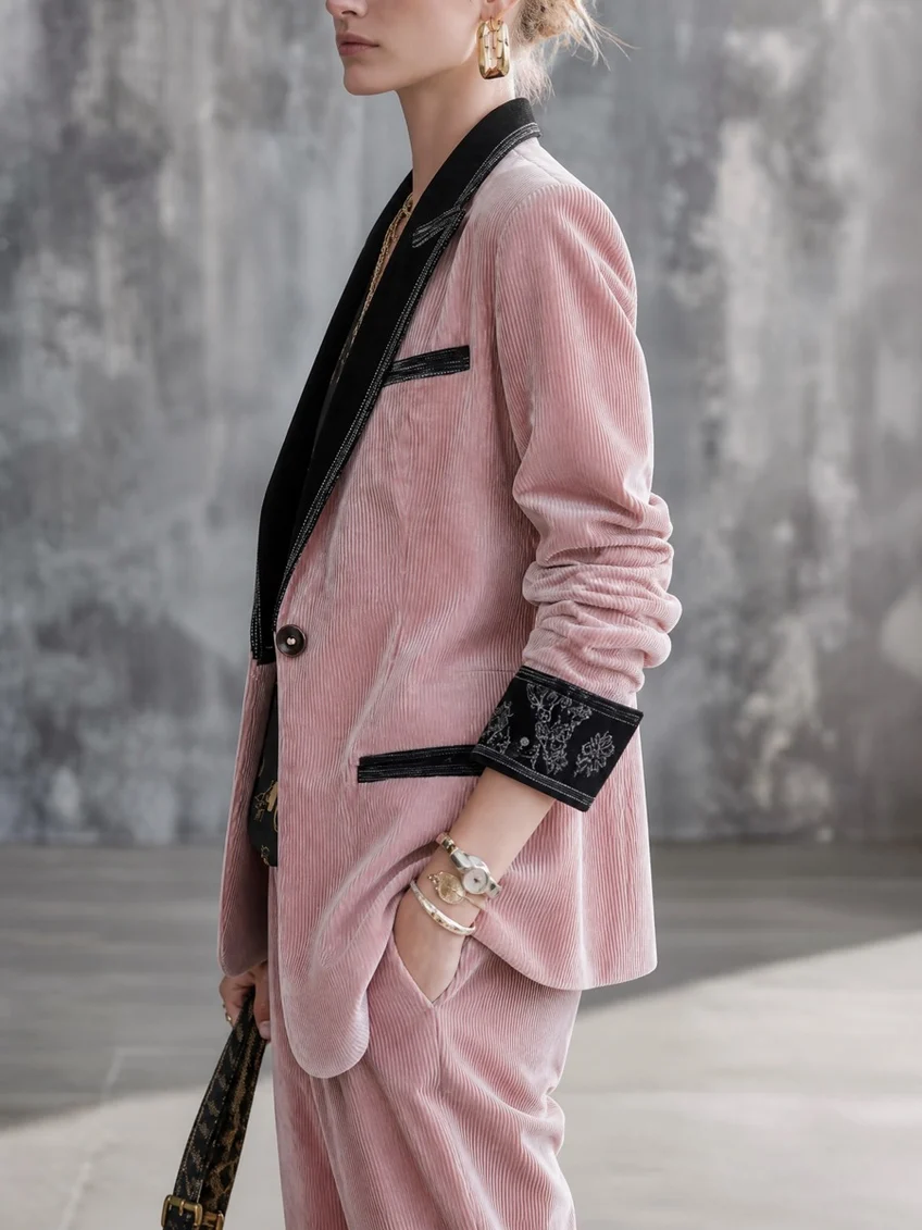 Helena Conjunto Tricapa de Pana Rosa Informal con Pantalón Elegante