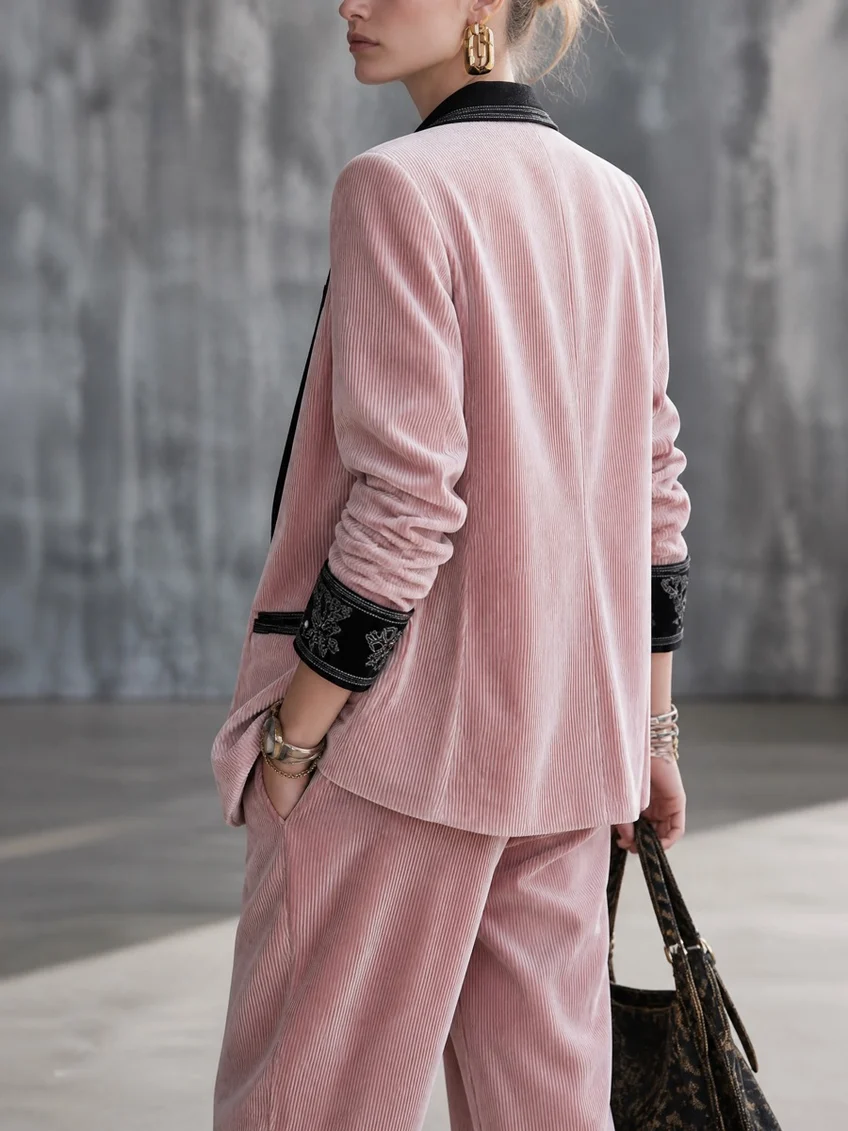 Helena Conjunto Tricapa de Pana Rosa Informal con Pantalón Elegante