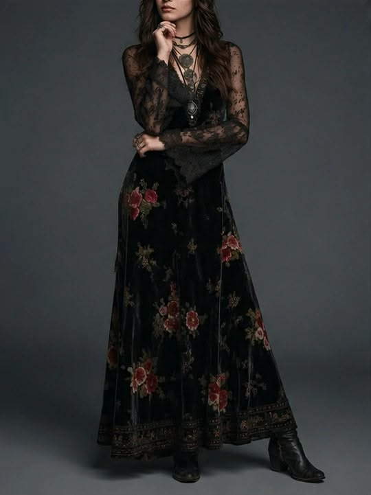 Rosalinda Vestido Maxi de Terciopelo Negro con Estampado Floral y Mangas de Encaje