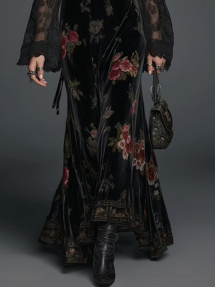 Rosalinda Vestido Maxi de Terciopelo Negro con Estampado Floral y Mangas de Encaje