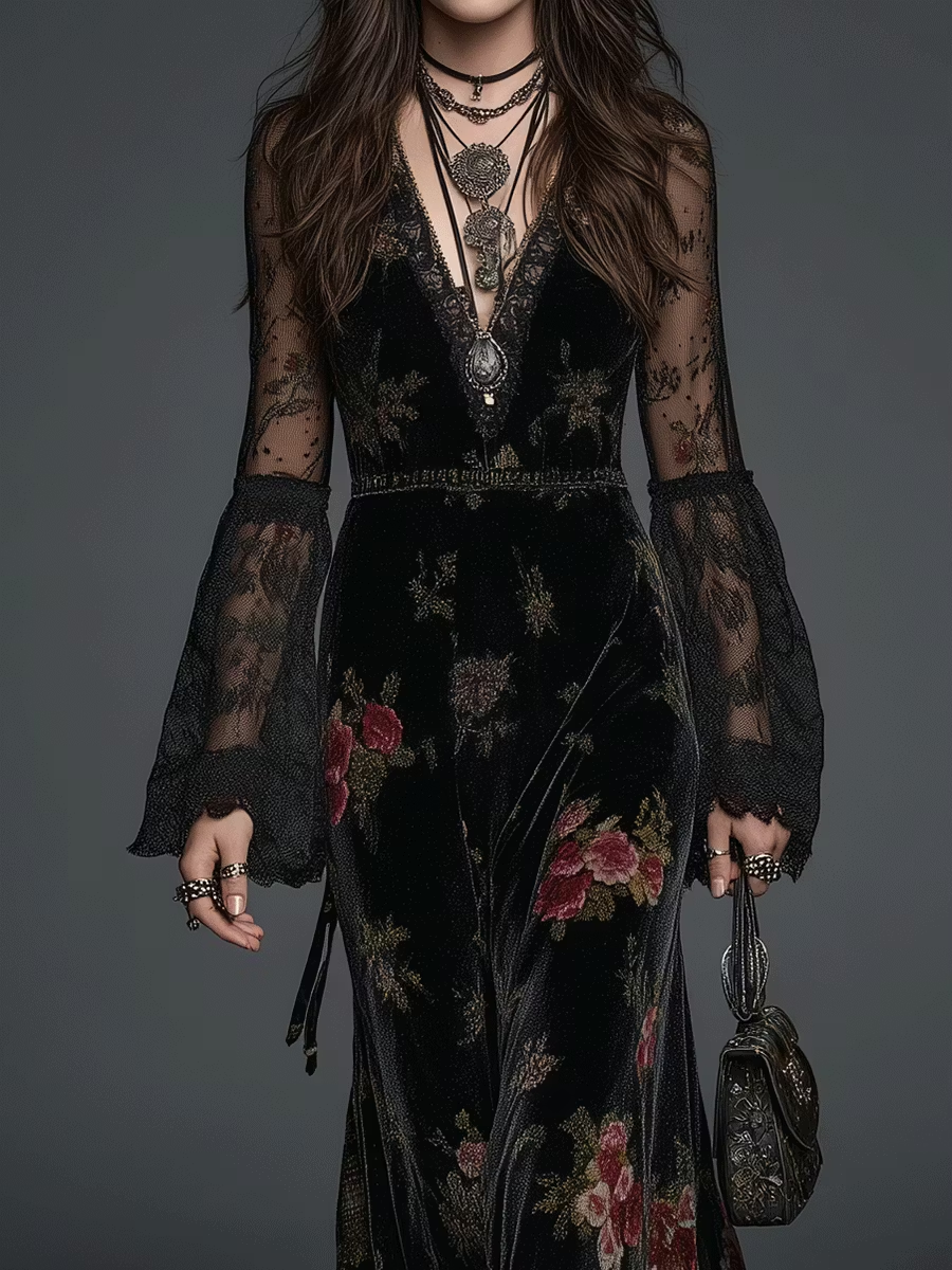 Rosalinda Vestido Maxi de Terciopelo Negro con Estampado Floral y Mangas de Encaje
