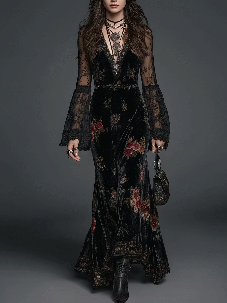 Rosalinda Vestido Maxi de Terciopelo Negro con Estampado Floral y Mangas de Encaje