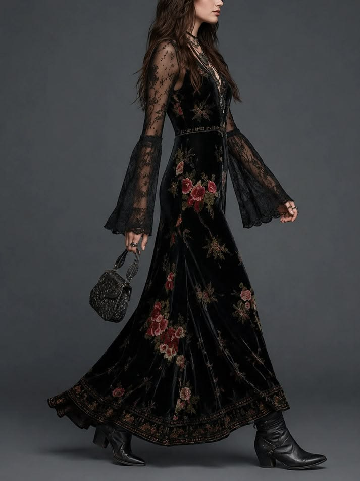 Rosalinda Vestido Maxi de Terciopelo Negro con Estampado Floral y Mangas de Encaje