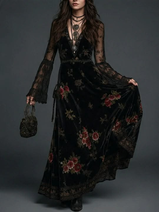 Rosalinda Vestido Maxi de Terciopelo Negro con Estampado Floral y Mangas de Encaje