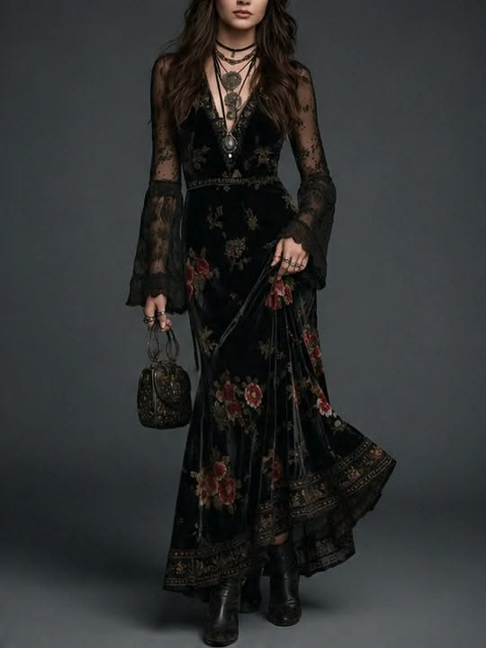 Rosalinda Vestido Maxi de Terciopelo Negro con Estampado Floral y Mangas de Encaje
