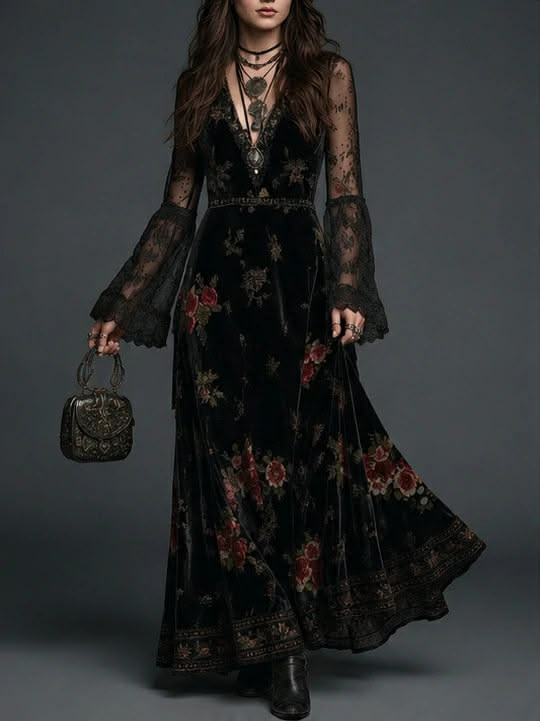 Rosalinda Vestido Maxi de Terciopelo Negro con Estampado Floral y Mangas de Encaje