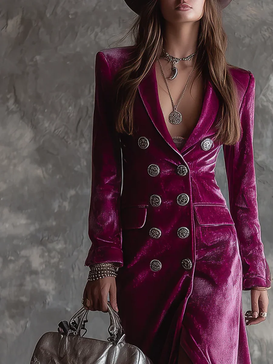 Sandra Vestido Maxi Morado Estilo Blazer de Terciopelo con Botonadura