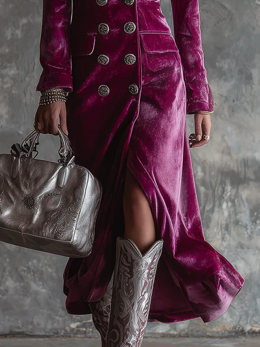 Sandra Vestido Maxi Morado Estilo Blazer de Terciopelo con Botonadura