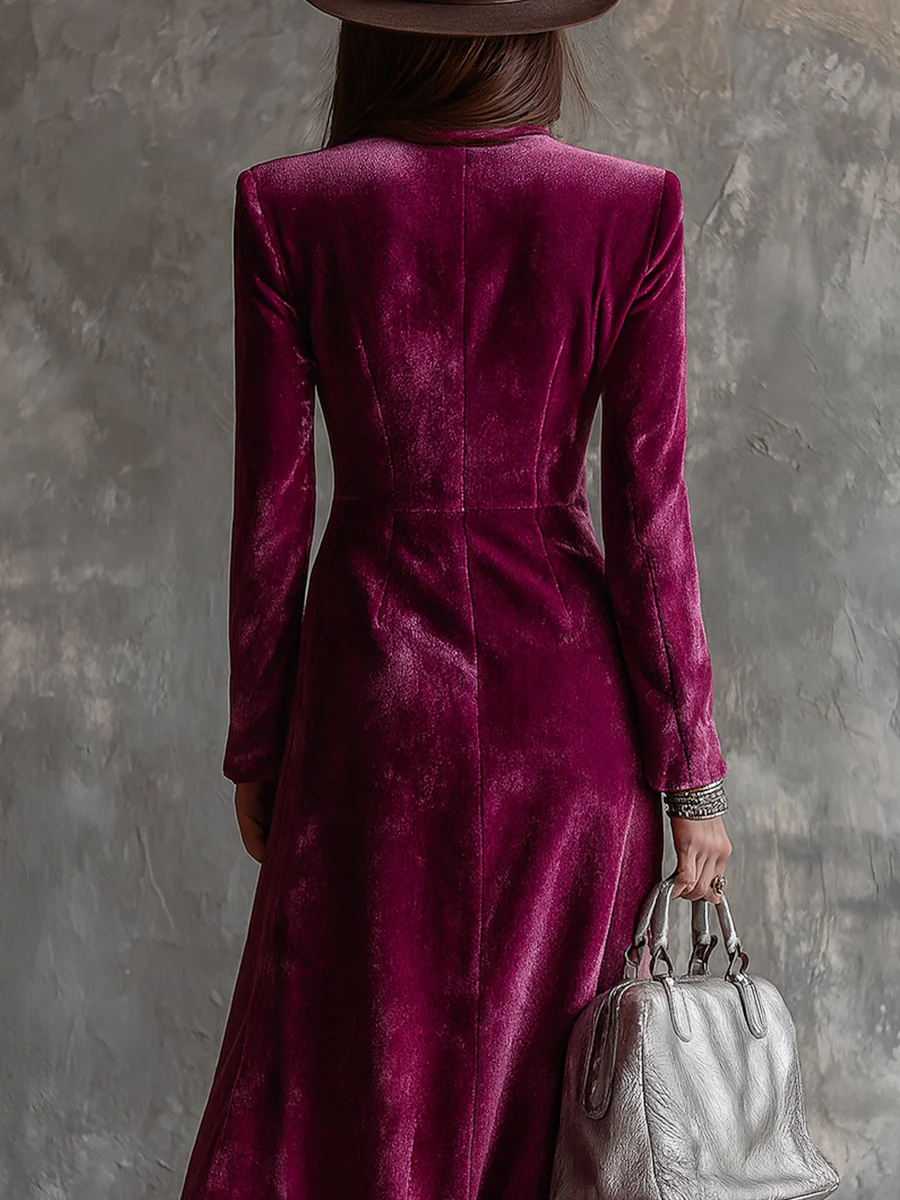 Sandra Vestido Maxi Morado Estilo Blazer de Terciopelo con Botonadura