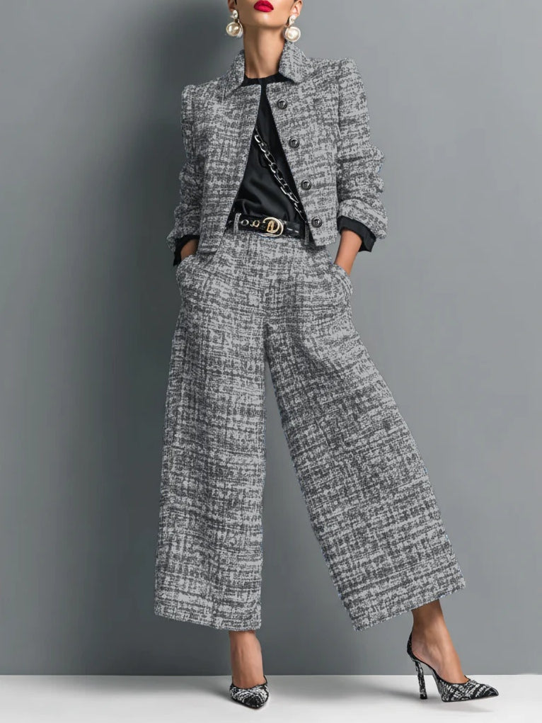 Leire Conjunto de Chaqueta Corta de Tweed con Cierre Sencillo y Pantalón de Pierna Ancha