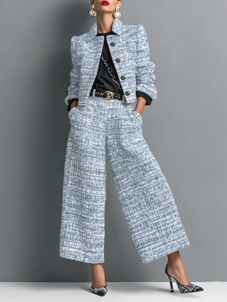 Leire Conjunto de Chaqueta Corta de Tweed con Cierre Sencillo y Pantalón de Pierna Ancha