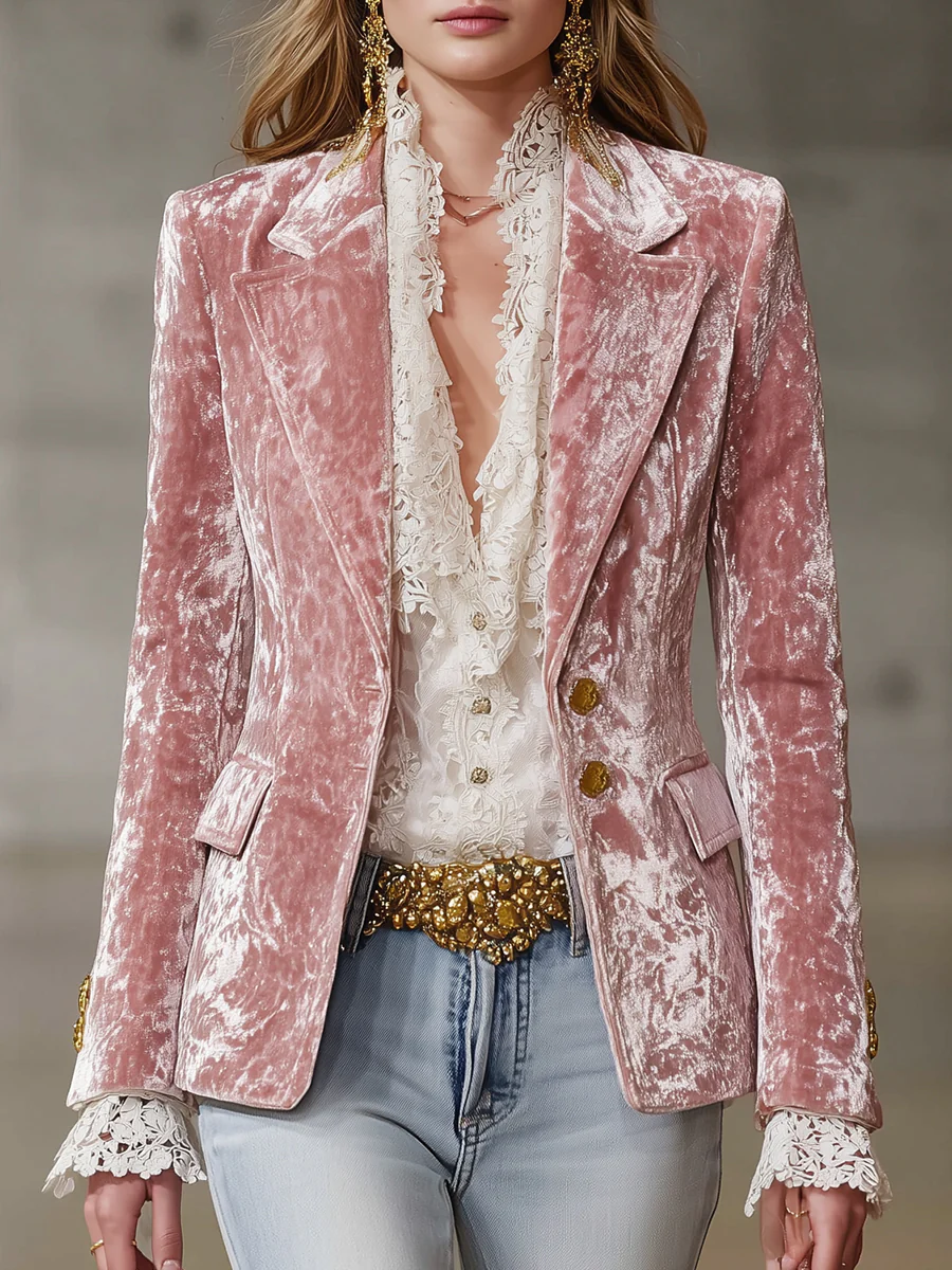 Zaira Blazer Retro de Terciopelo Rosa con Botones Dorados