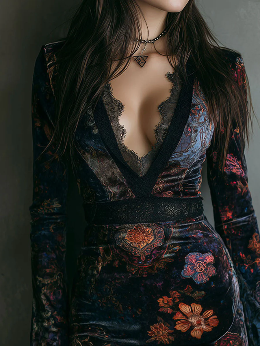 Joanna Vestido Corto Ajustado de Terciopelo con Estampado Floral y Cuello en V