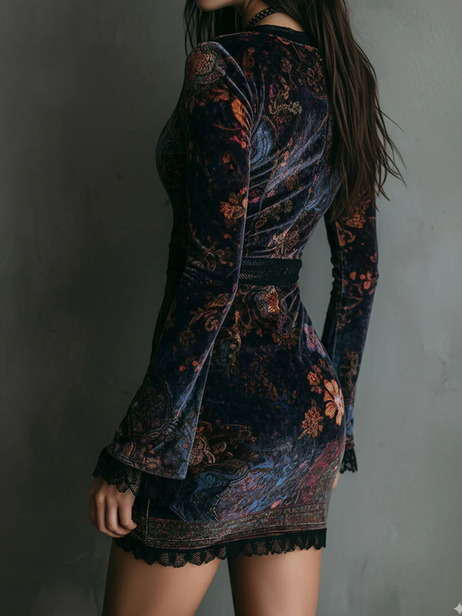 Joanna Vestido Corto Ajustado de Terciopelo con Estampado Floral y Cuello en V