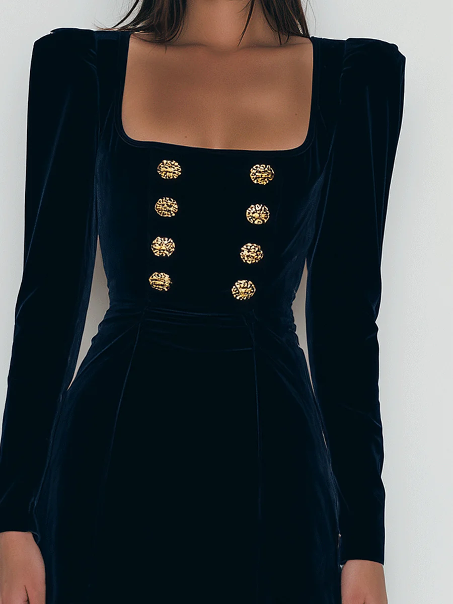 Milena Vestido Corto Elegante de Terciopelo Azul Marino con Botones Dorados