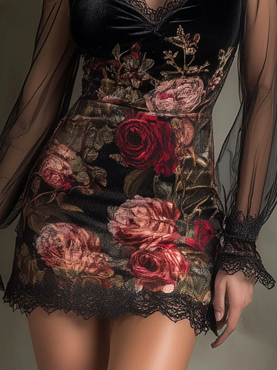 Lorena Vestido Corto de Terciopelo con Estampado de Rosas