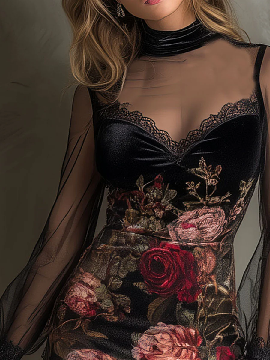 Lorena Vestido Corto de Terciopelo con Estampado de Rosas