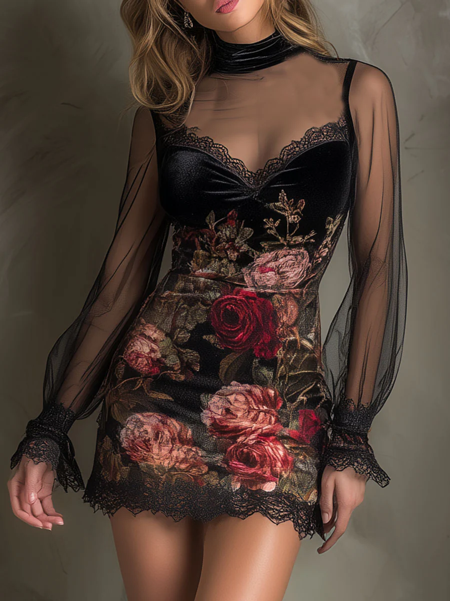Lorena Vestido Corto de Terciopelo con Estampado de Rosas