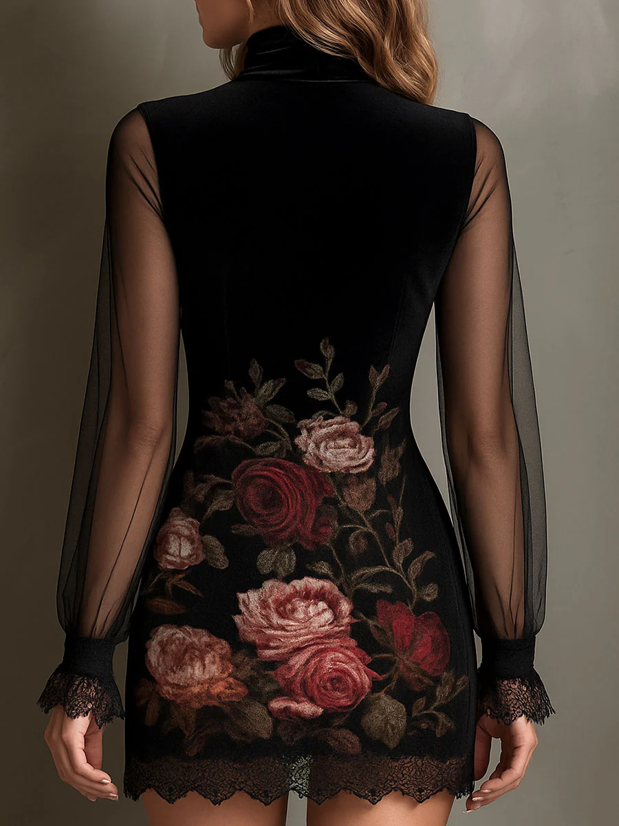 Lorena Vestido Corto de Terciopelo con Estampado de Rosas