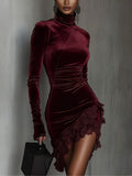 Sabrina Vestido Mini de Terciopelo Burdeos con Encaje