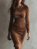 Noelia Vestido Midi Marrón de Terciopelo con Cintura Entallada y Encaje