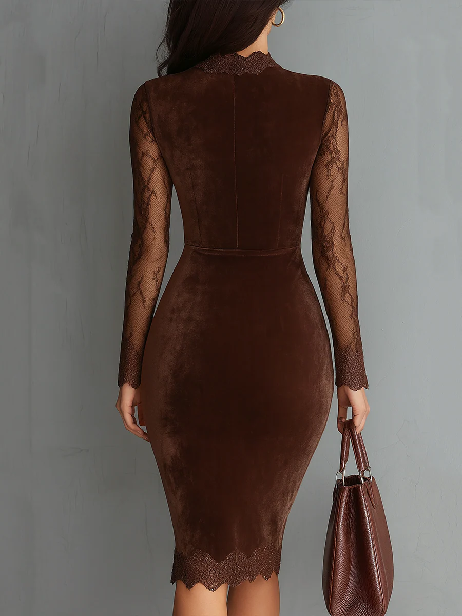 Tania Vestido Mini Vintage de Terciopelo Marrón con Escote Ojo de Cerradura y Mangas de Encaje