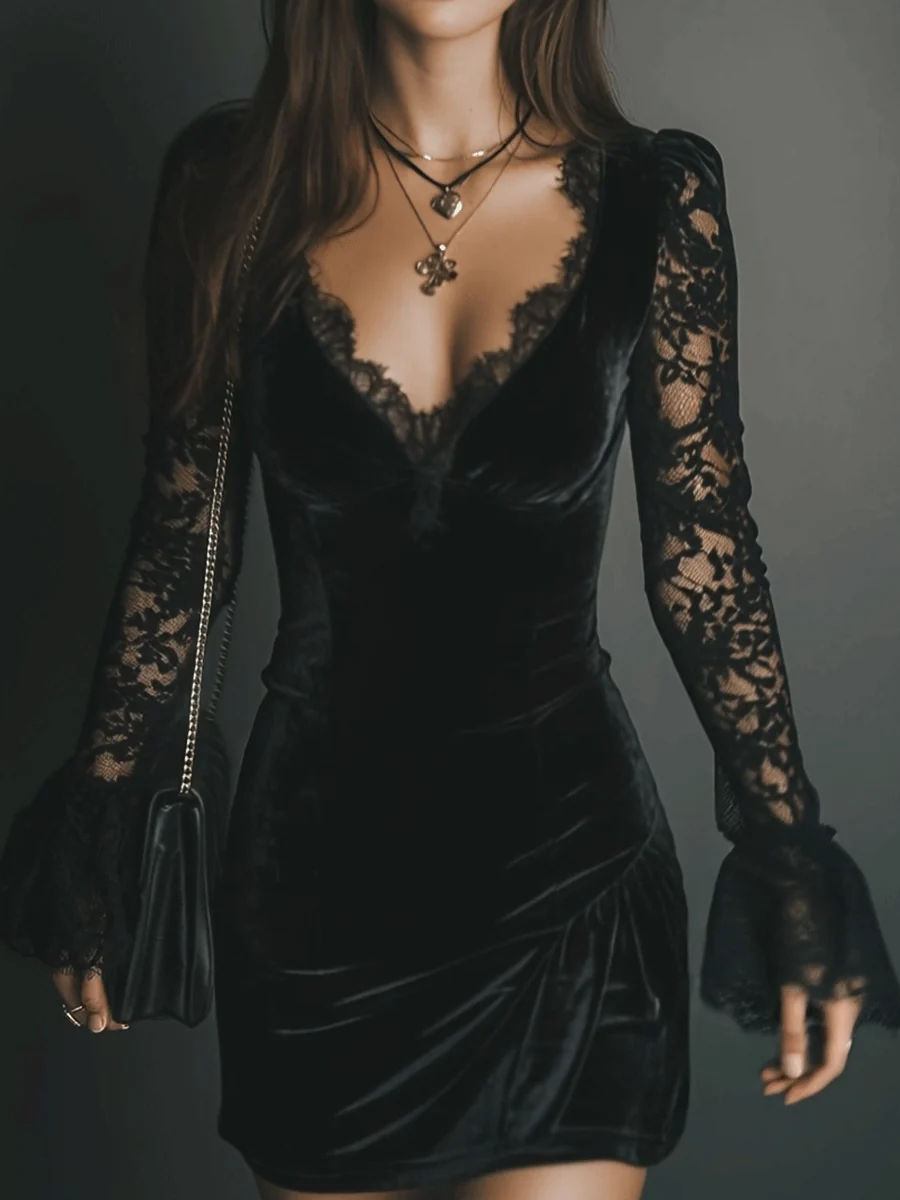 Dafne Vestido Mini de Terciopelo Negro con Encaje