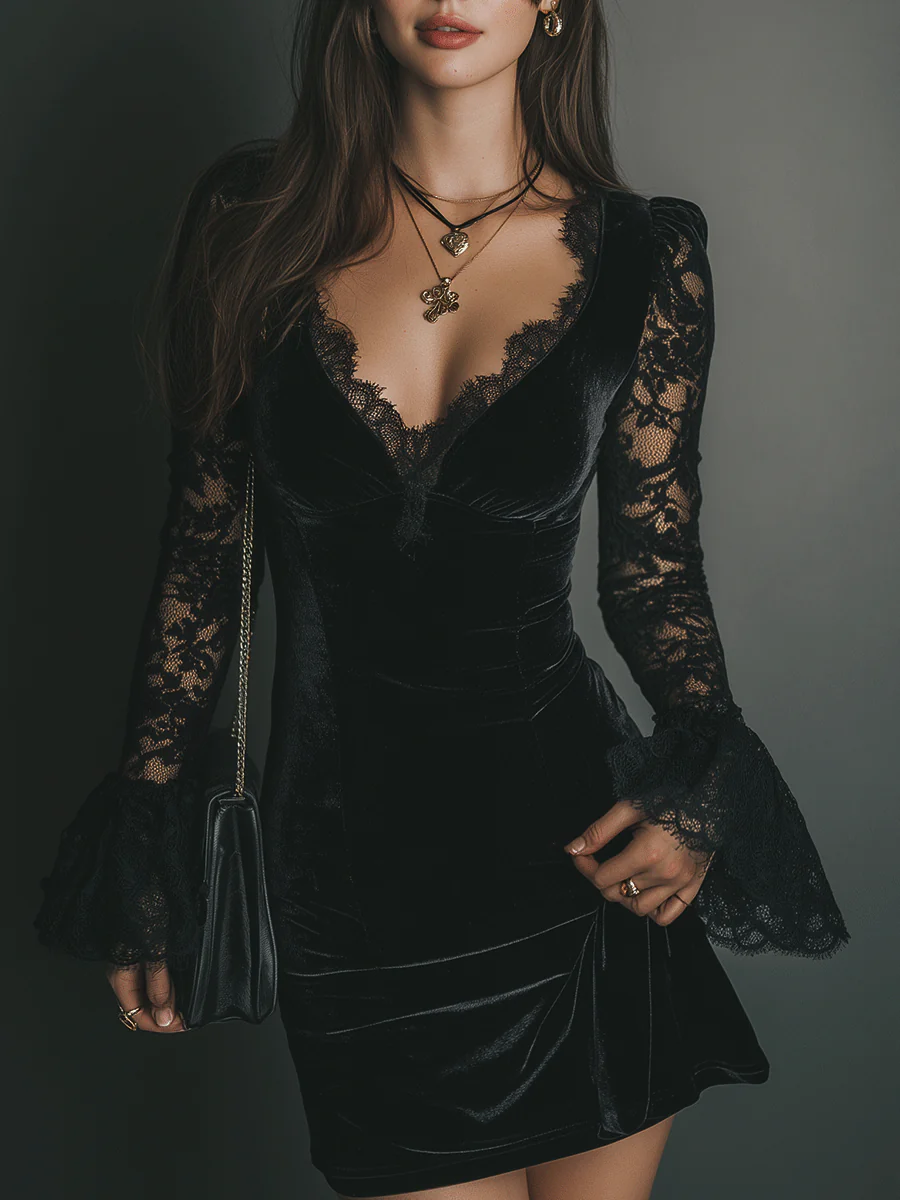 Dafne Vestido Mini de Terciopelo Negro con Encaje