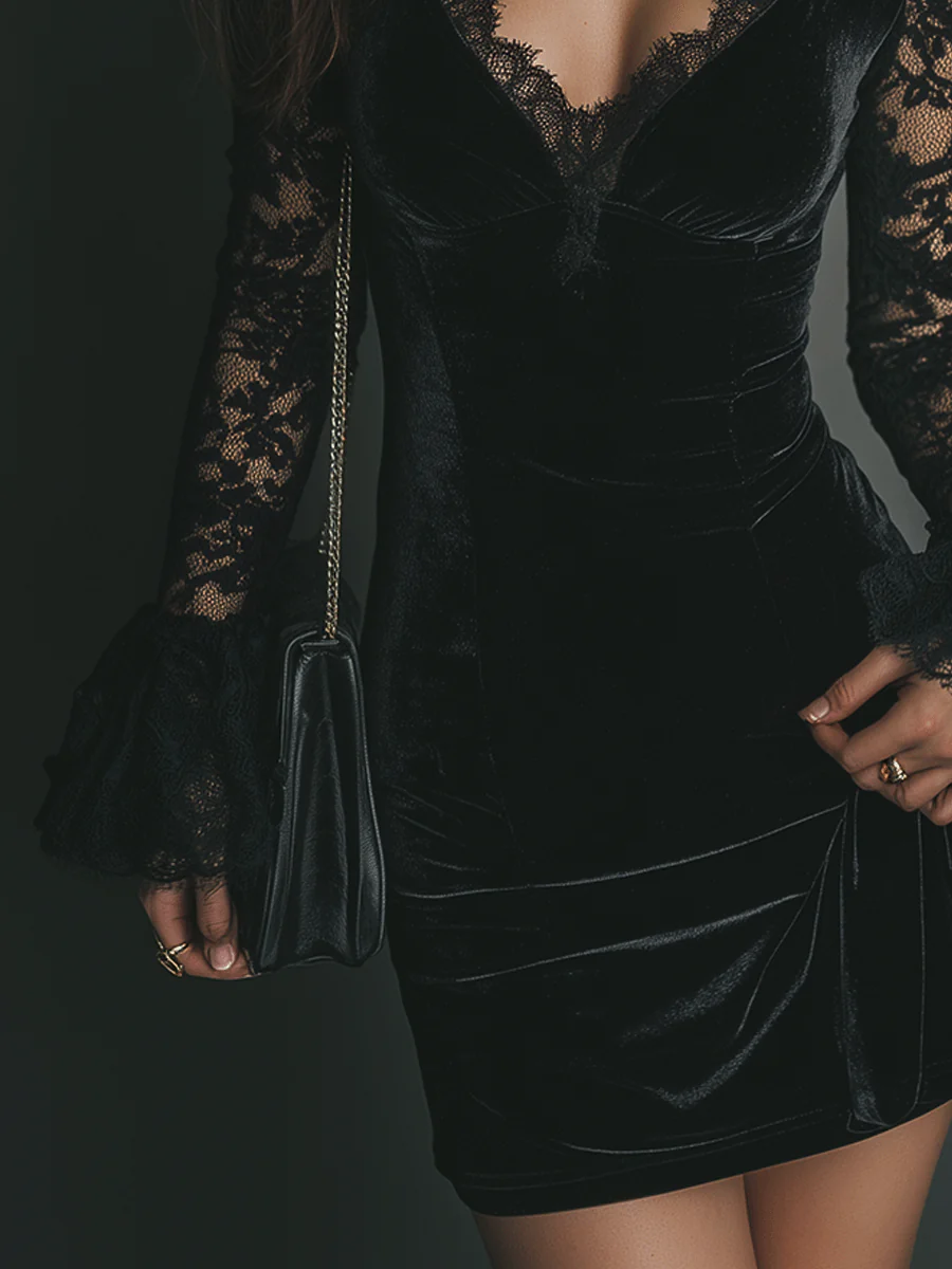 Dafne Vestido Mini de Terciopelo Negro con Encaje