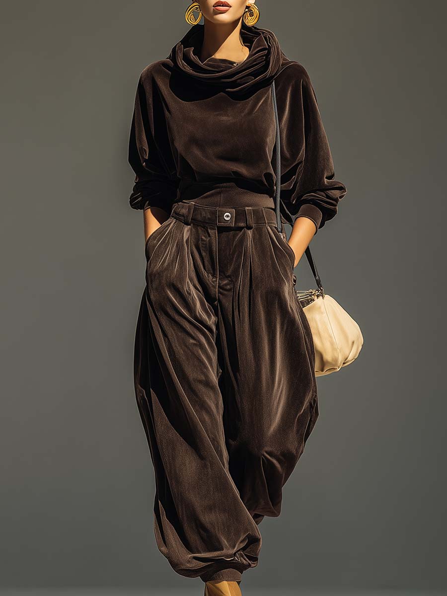 Vera Conjunto Vintage de Sudadera con Capucha de Terciopelo Marrón y Pantalón Holgado (Incluye Cinturón)