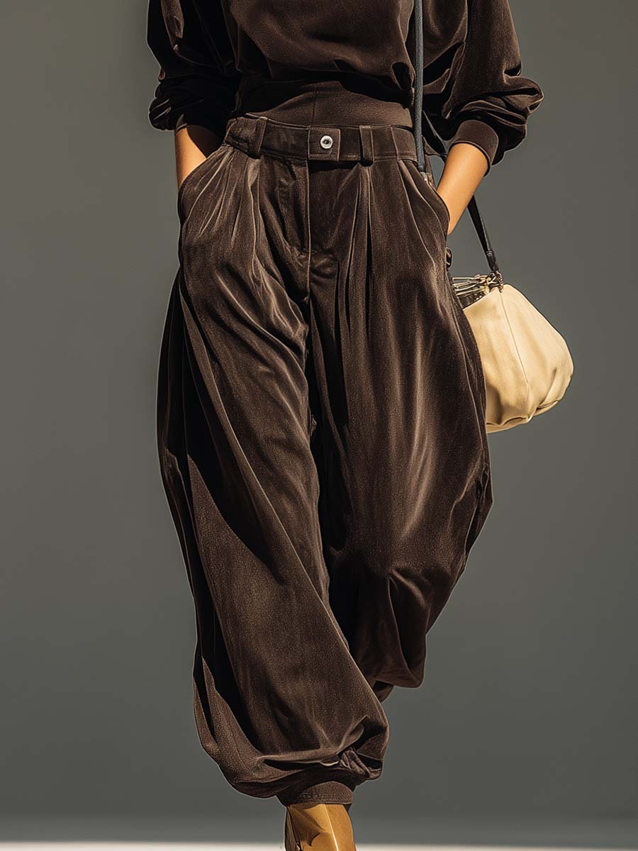 Vera Conjunto Vintage de Sudadera con Capucha de Terciopelo Marrón y Pantalón Holgado (Incluye Cinturón)