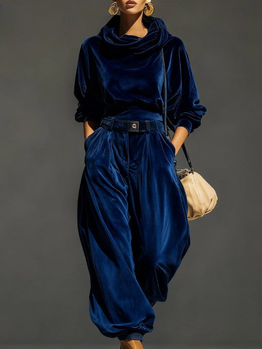 Vera Conjunto Vintage de Sudadera con Capucha de Terciopelo Marrón y Pantalón Holgado (Incluye Cinturón)