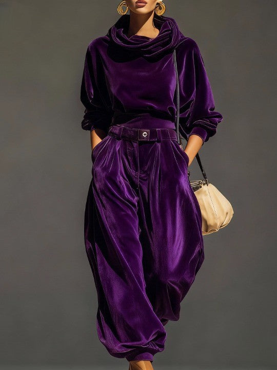 Vera Conjunto Vintage de Sudadera con Capucha de Terciopelo Marrón y Pantalón Holgado (Incluye Cinturón)