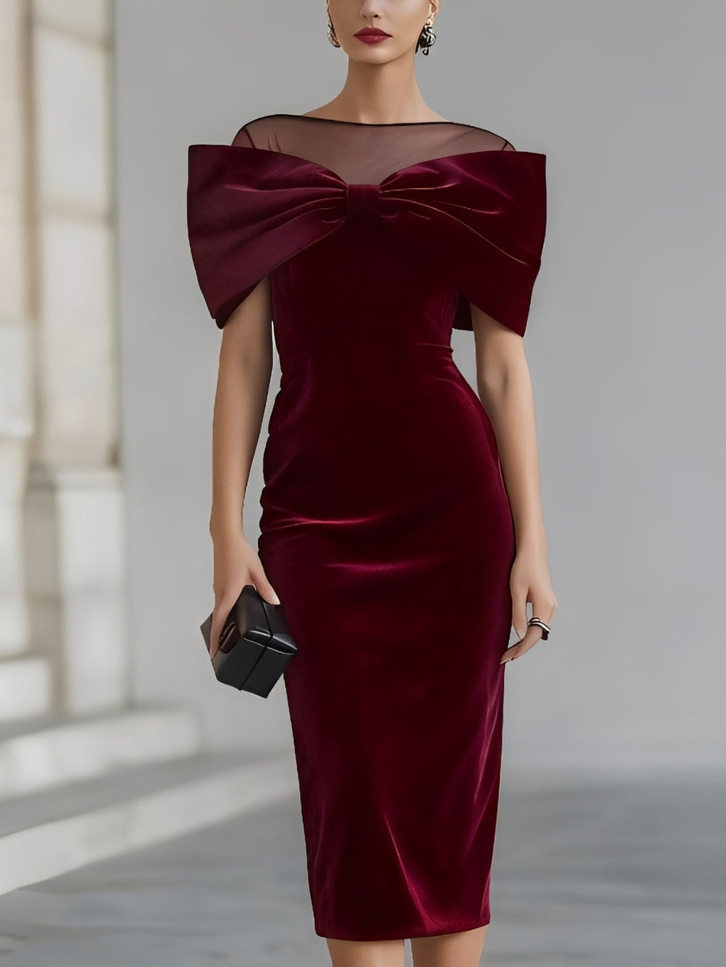 Selma Vestido Midi de Terciopelo Burdeos con Lazo