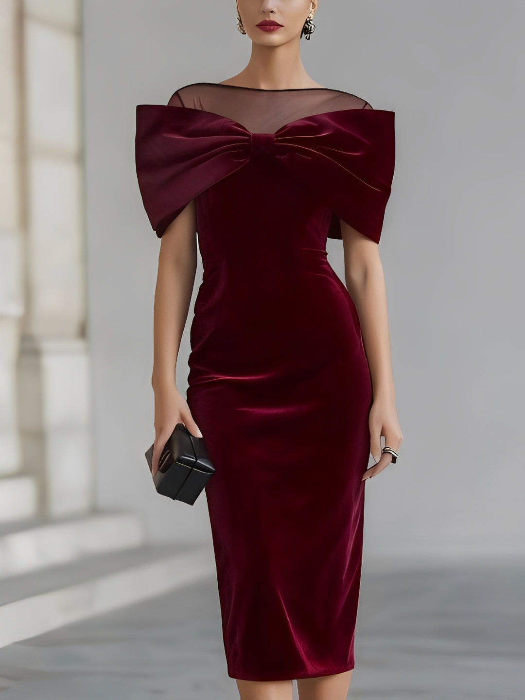 Selma Vestido Midi de Terciopelo Burdeos con Lazo