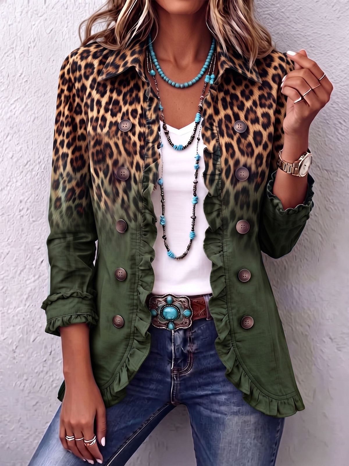 Mercedes Chaqueta Blazer Leopardo Degradado con Volantes