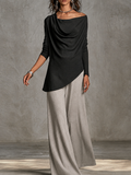 Javiera Conjunto de Dos Piezas: Top Negro Drapeado con Cuello Cowl y Hombros Descubiertos y Pantalón Ancho Gris Jaspeado Claro